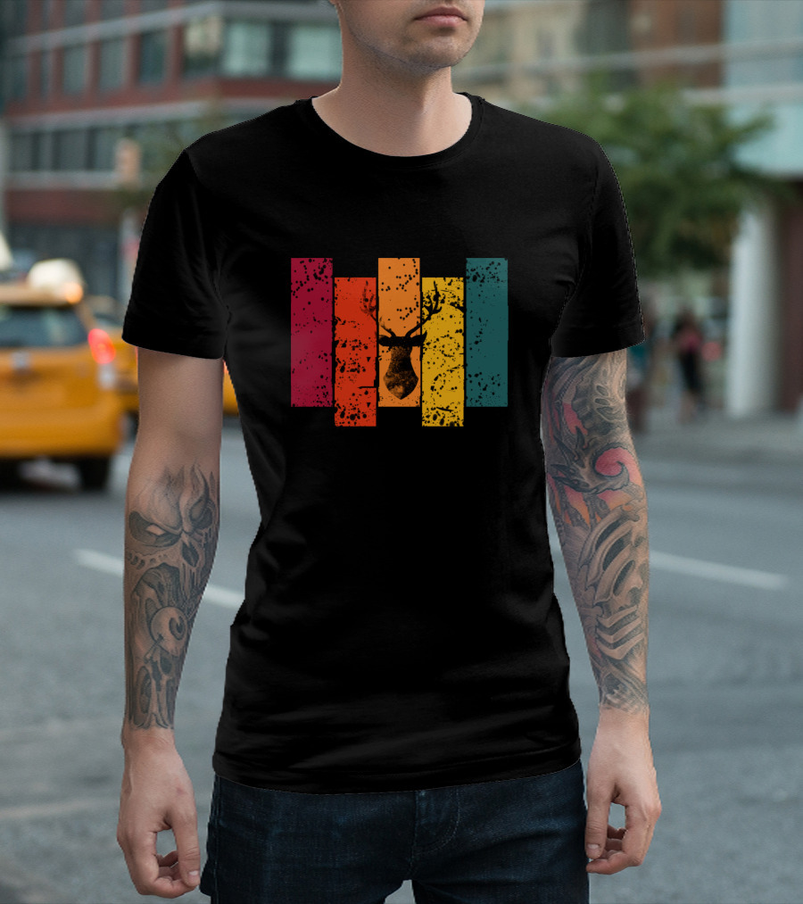 Retro Colorful Deer Vintage Silhouette Stripes T-Shirt