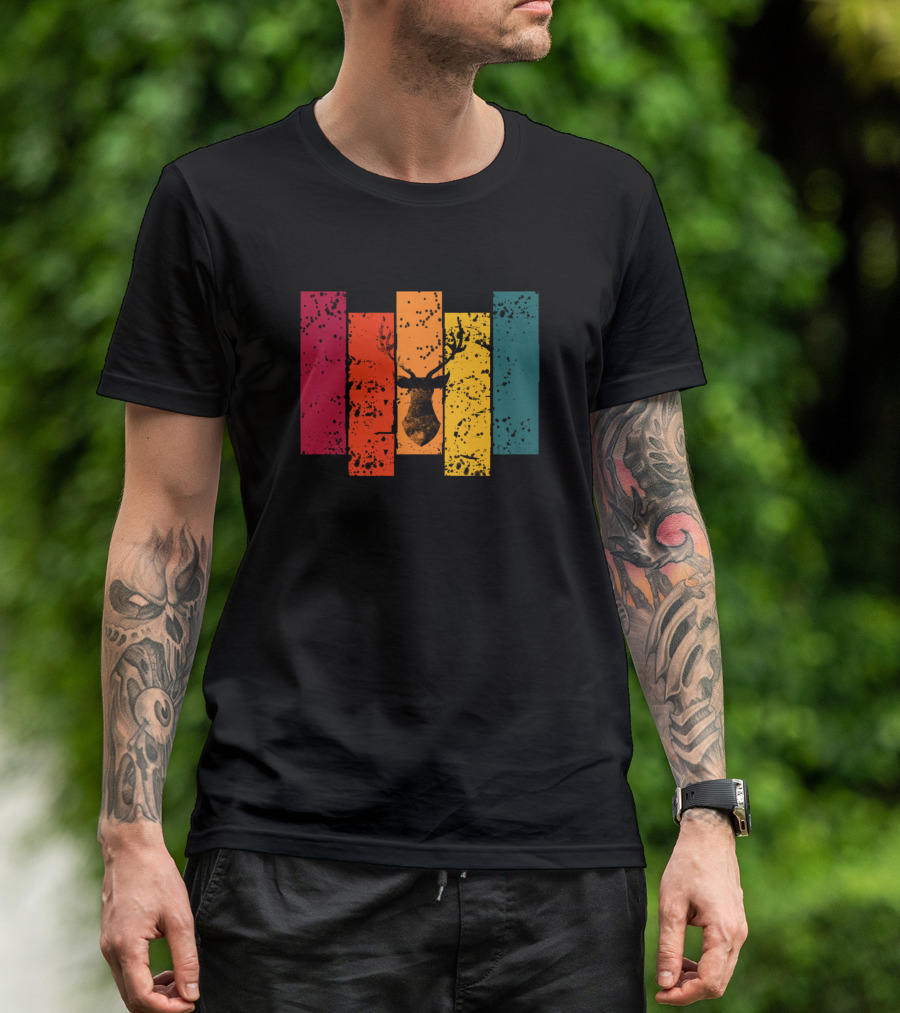 Retro Colorful Deer Vintage Silhouette Stripes T-Shirt