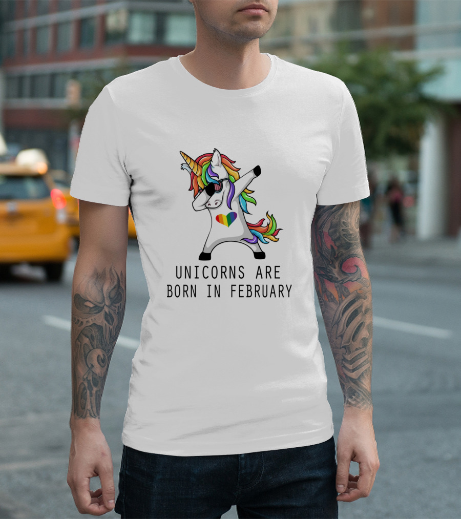 Unicorns Are Born In February Dabbing Rainbow Heart Pose T-Shirt
