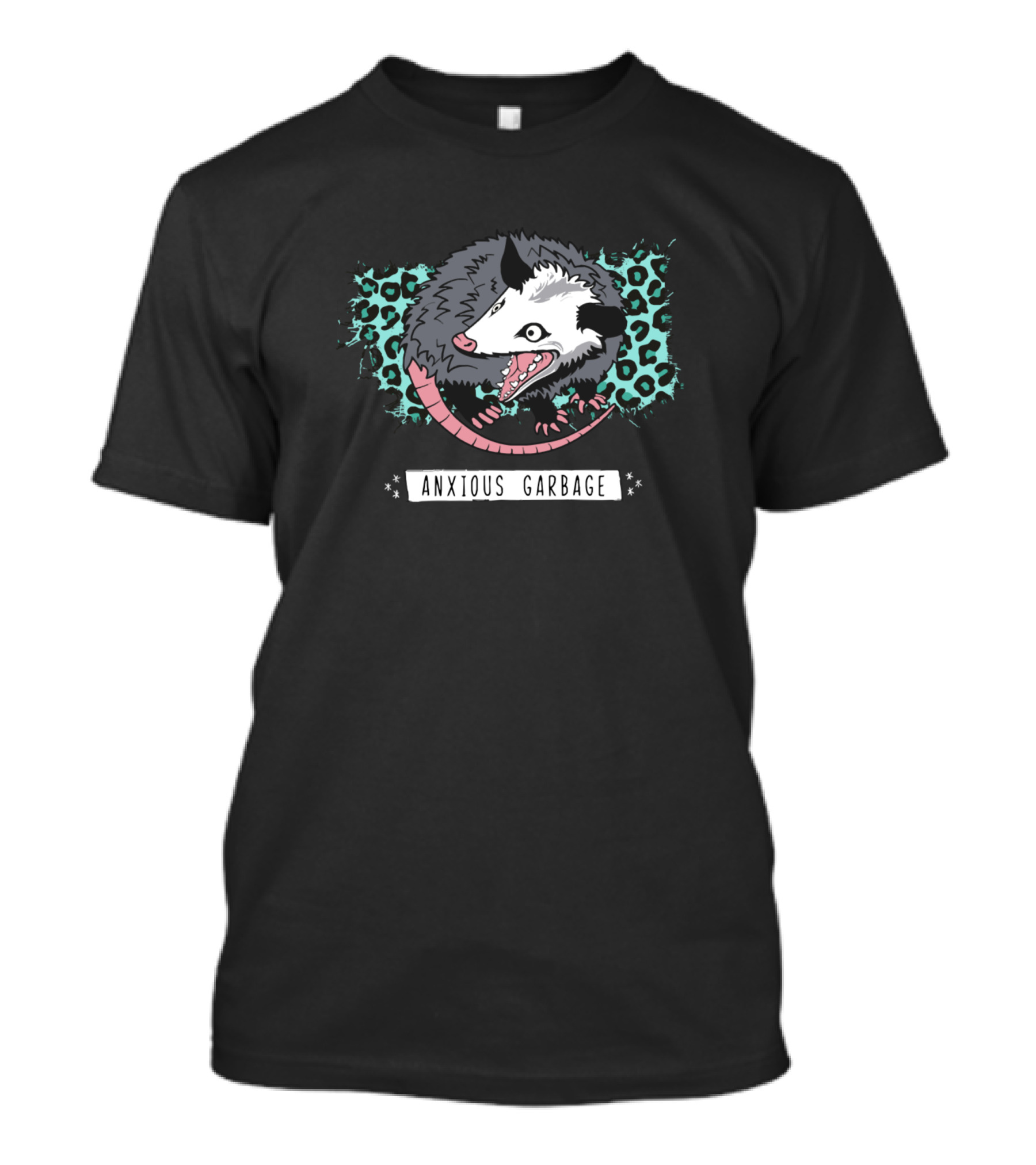 Anxious Garbage Possum With Teal Leopard Print Background T-Shirt