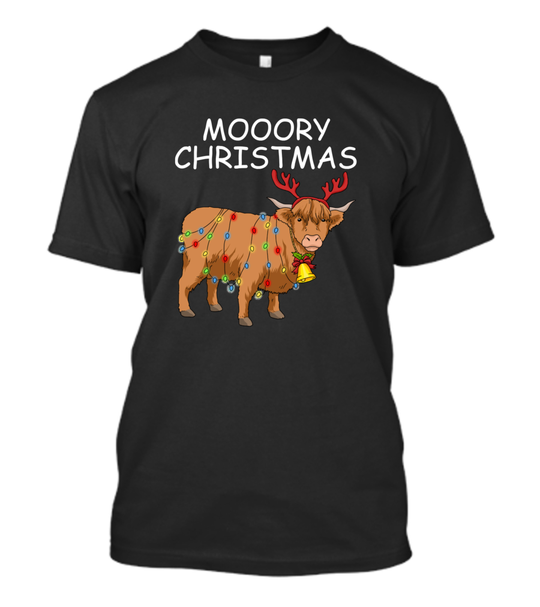 Moory Christmas Scottish Highland Cow With Antlers And Lights T-Shirt