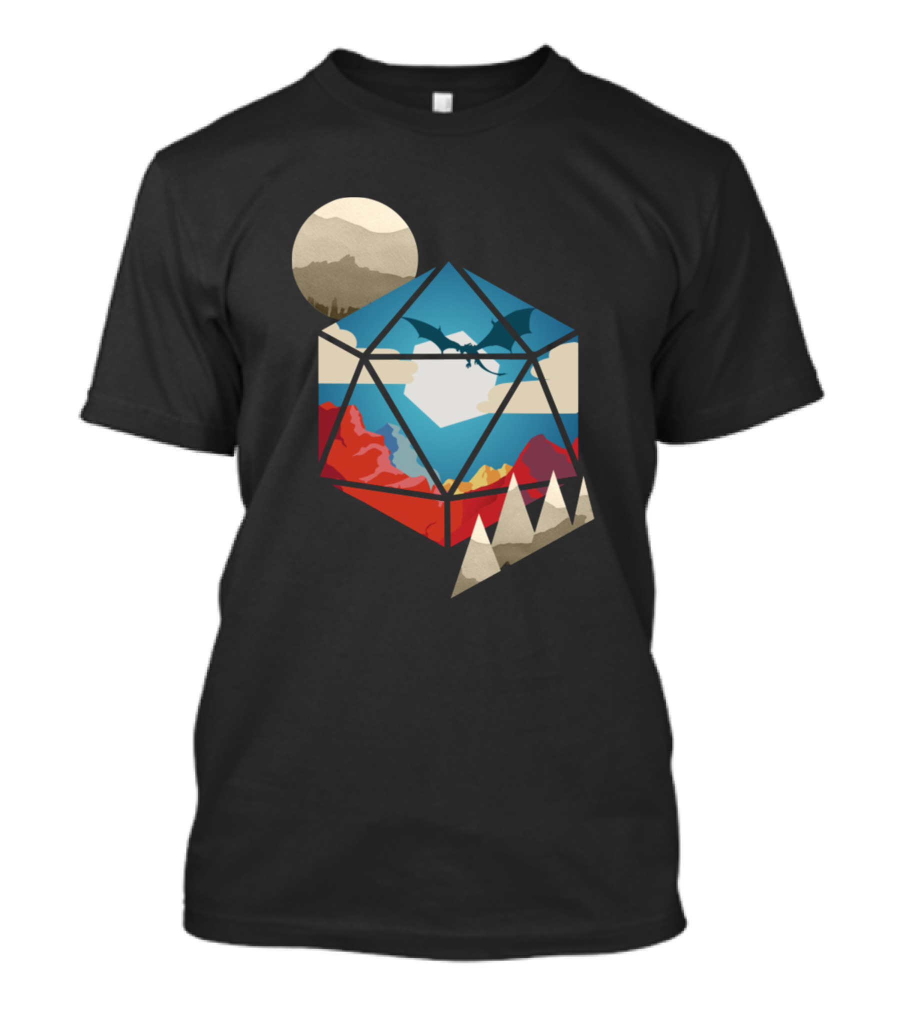 D20 World With Dragon And Mountain Landscape Crystal Dice T-Shirt