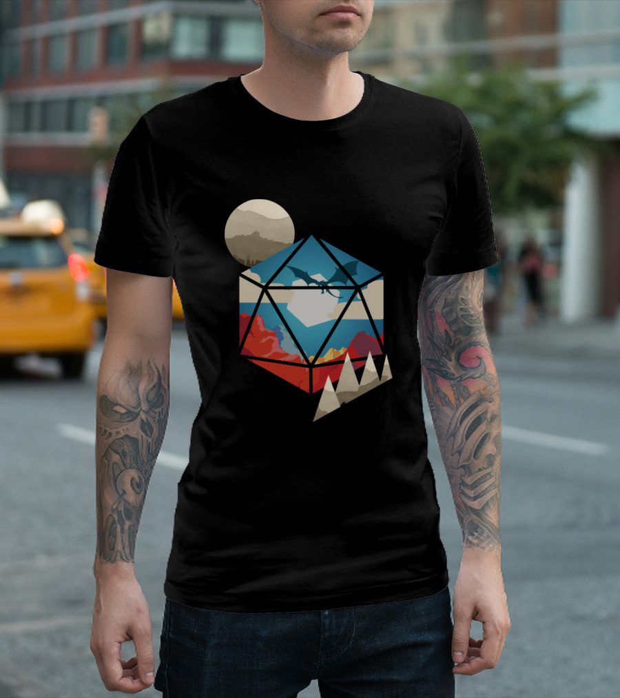 D20 World With Dragon And Mountain Landscape Crystal Dice T-Shirt