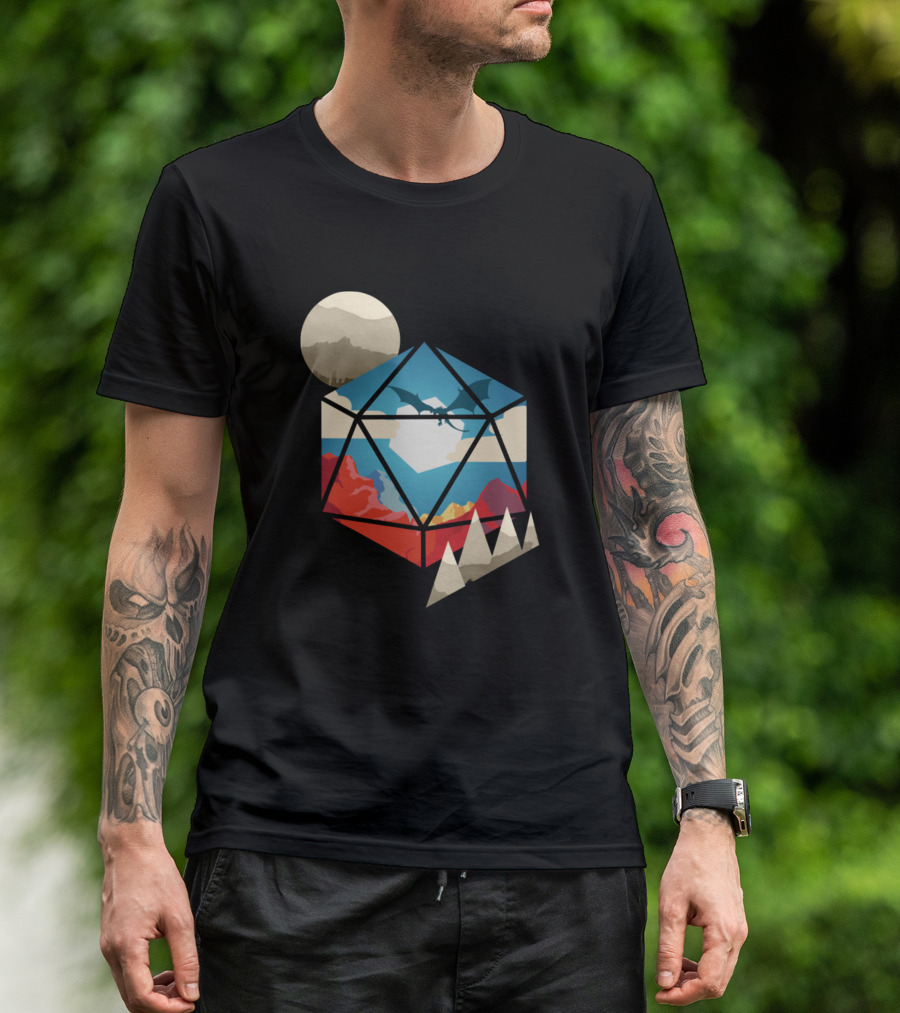 D20 World With Dragon And Mountain Landscape Crystal Dice T-Shirt