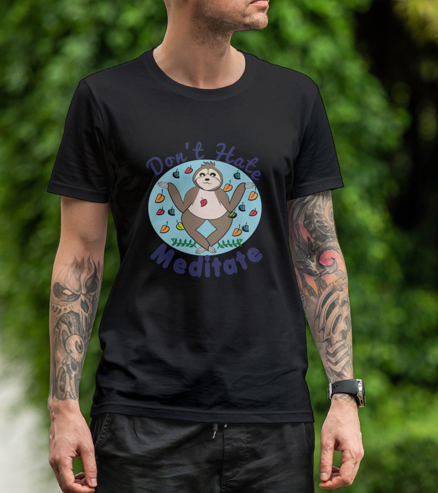 Don't Hate Meditate Sloth Surrounded By Colorful Hearts T-Shirt