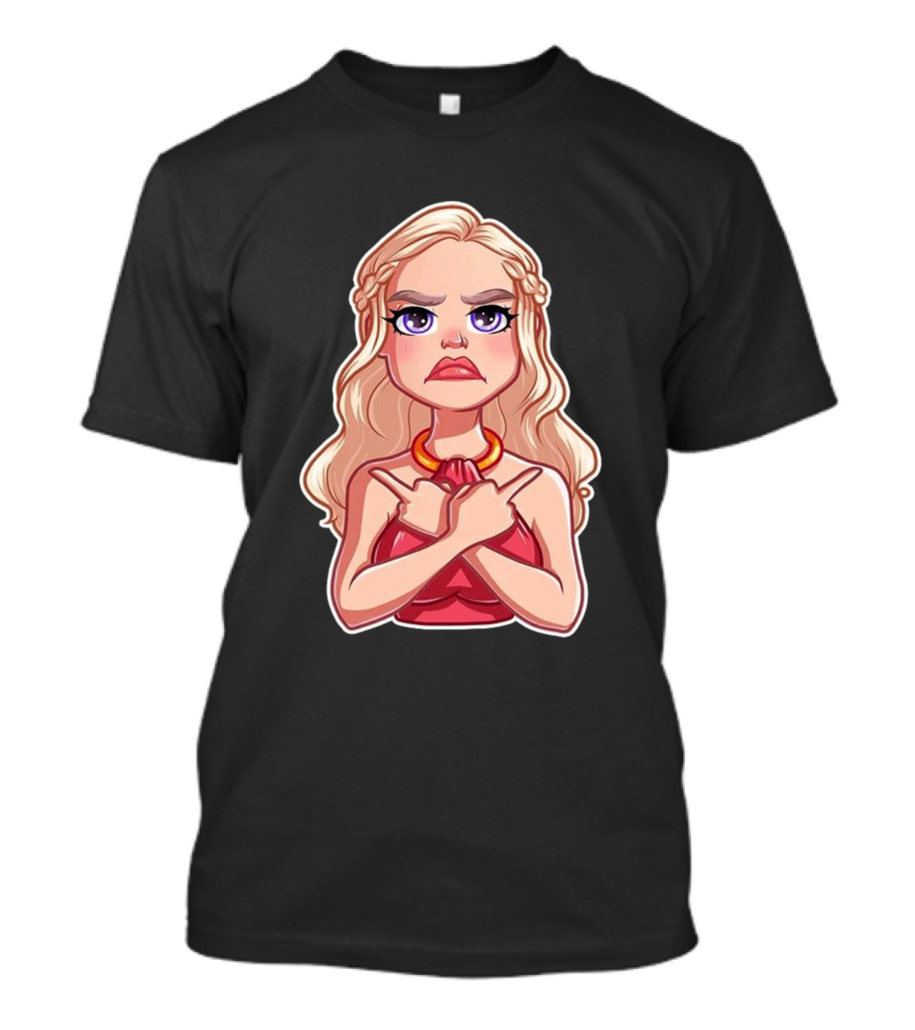 Fak Queen Beautiful Blonde Character Red Dress Crossed Fingers T-Shirt