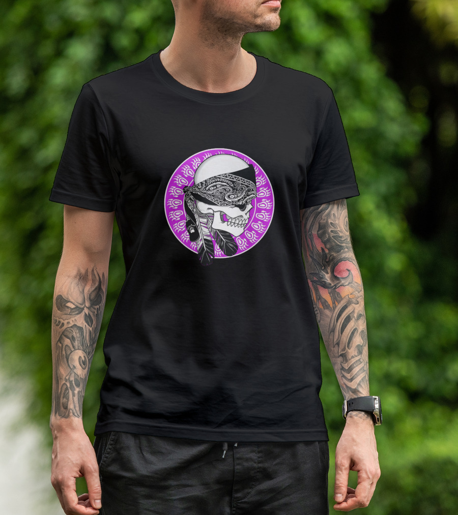 Gangster Skull In Bandana With Feather Elements T-Shirt