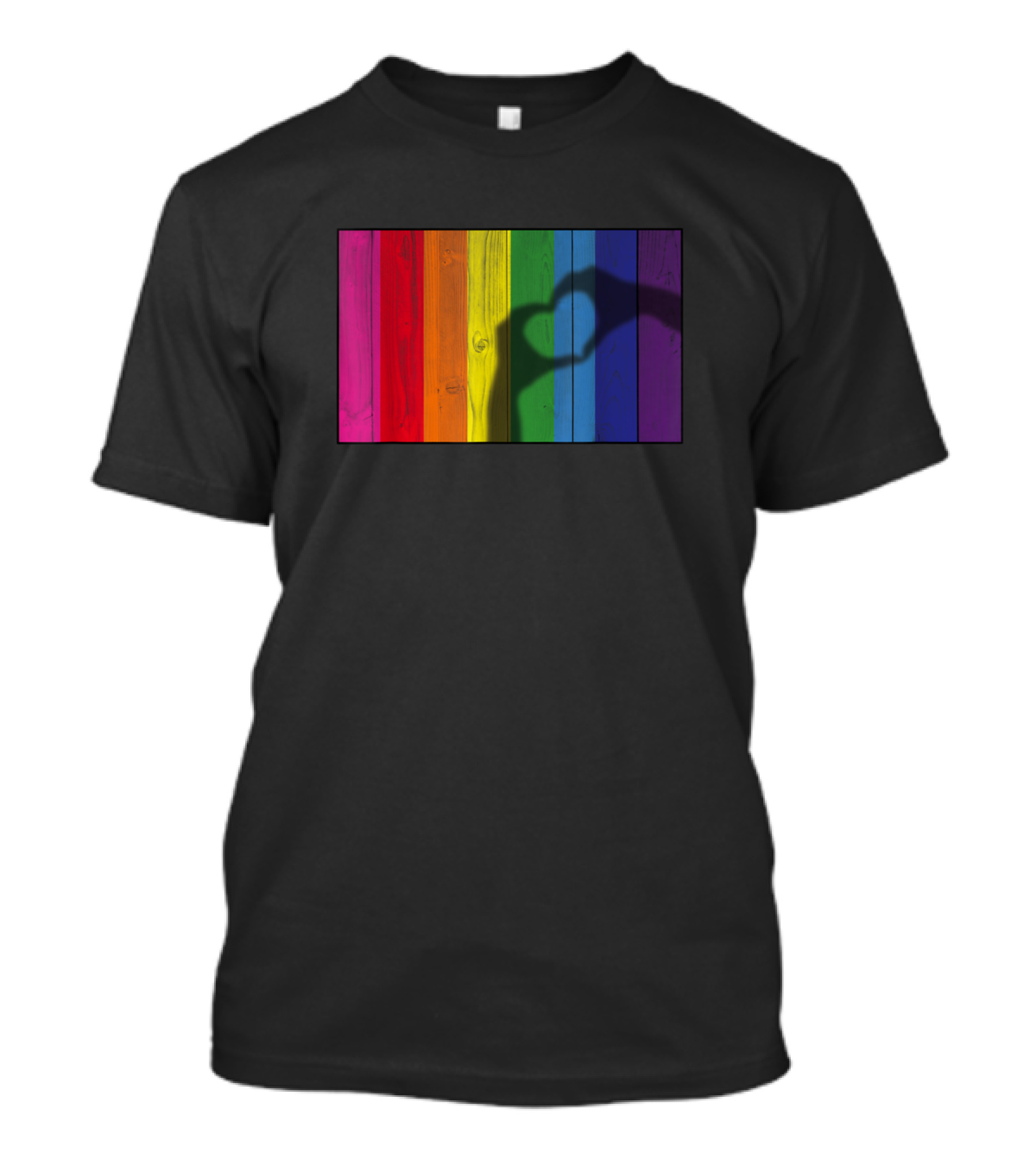 Heart Hands Shadow Across Vibrant Rainbow Planks T-Shirt