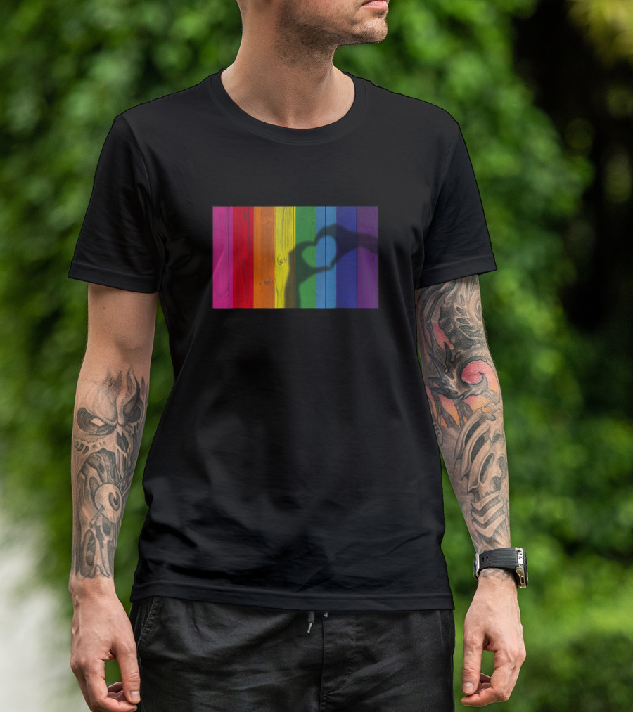 Heart Hands Shadow Across Vibrant Rainbow Planks T-Shirt