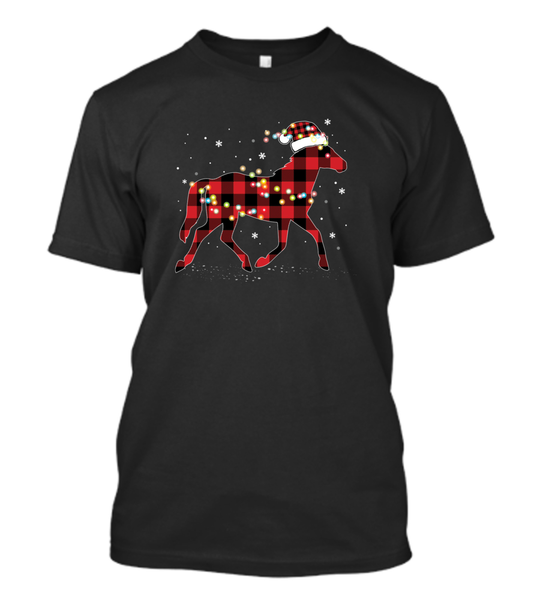 Horse Christmas Red Plaid Buffalo Santa Hat T-Shirt
