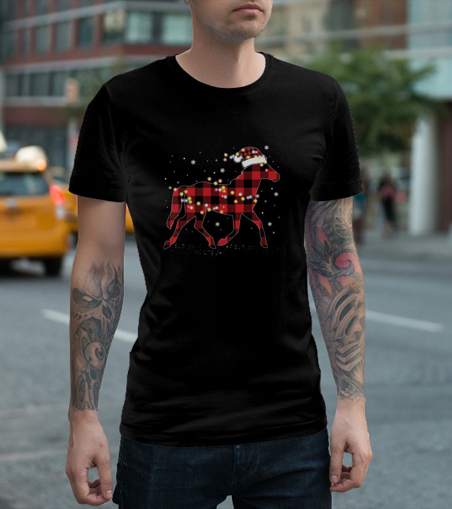 Horse Christmas Red Plaid Buffalo Santa Hat T-Shirt