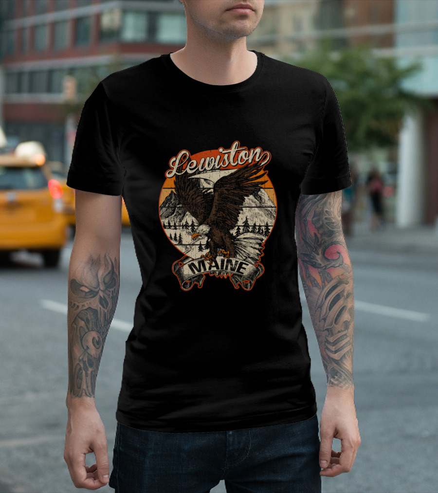 Lewiston Maine Bald Eagle Retro Vintage Aesthetic Mountain Scene T-Shirt