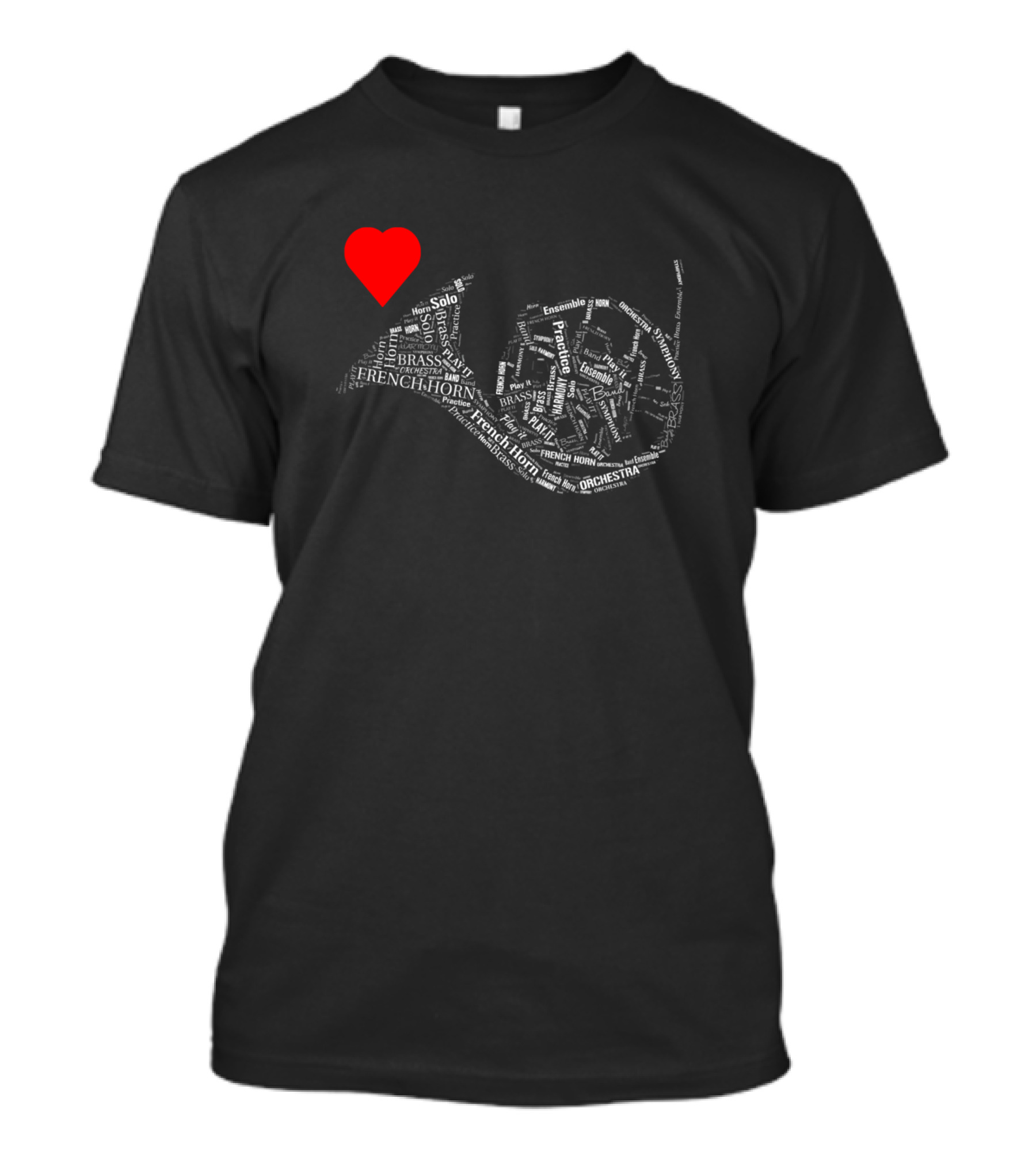 Love Heart French Horn Word Cloud Orchestra Ensemble T-Shirt