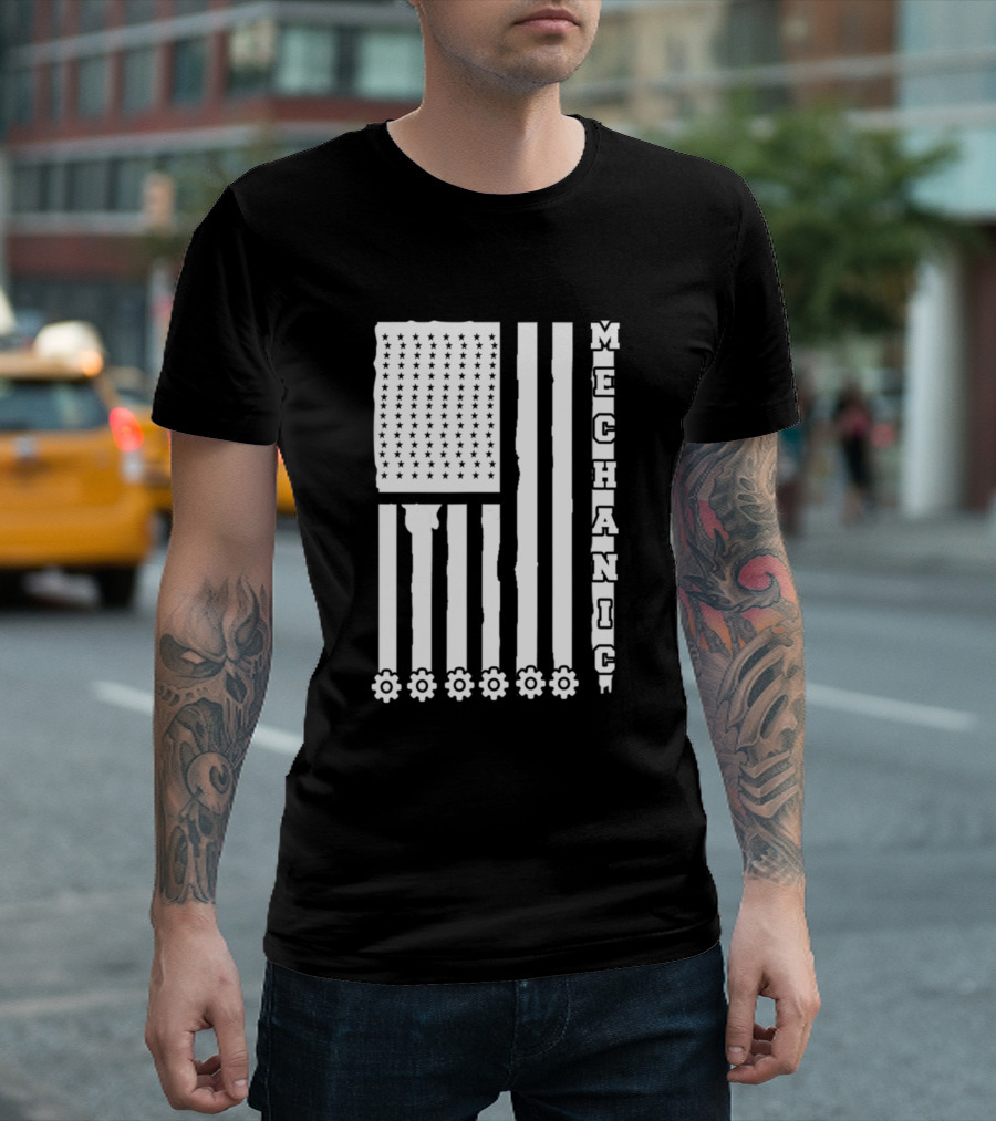 Mechanic Mechanic USA Flag with Gear Set Stripes T-Shirt