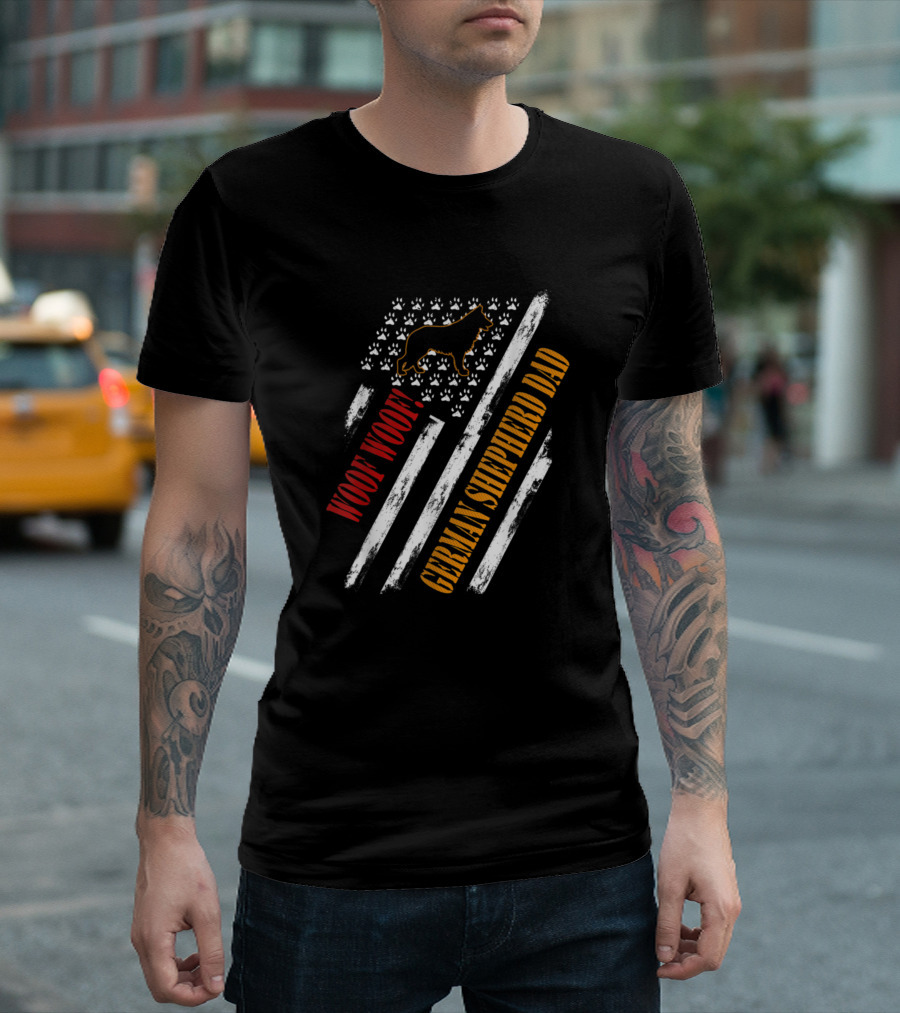 Woof Woof German Shepherd Dad Vintage American Flag T-Shirt