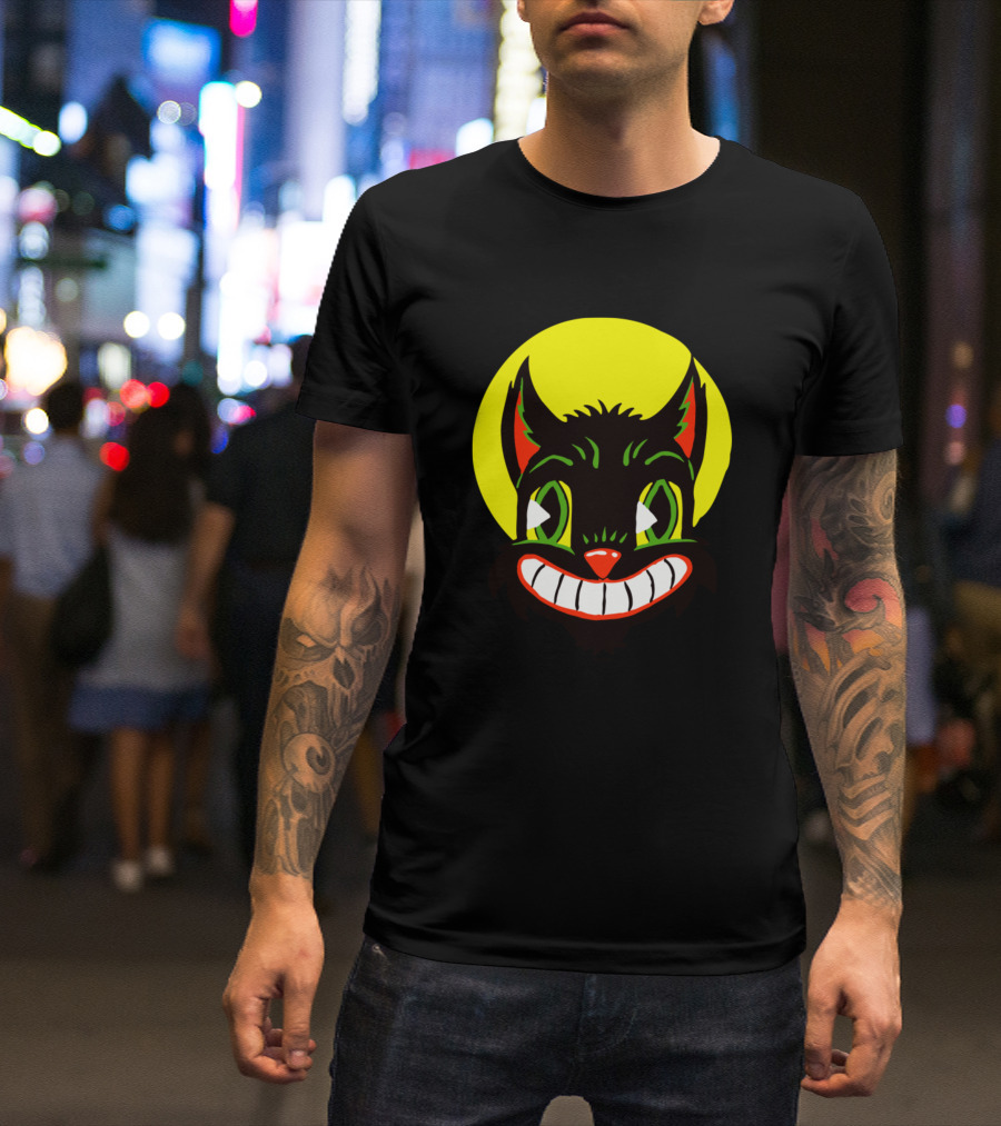 Vintage Cat Yellow Moon Grinning Face T-Shirt