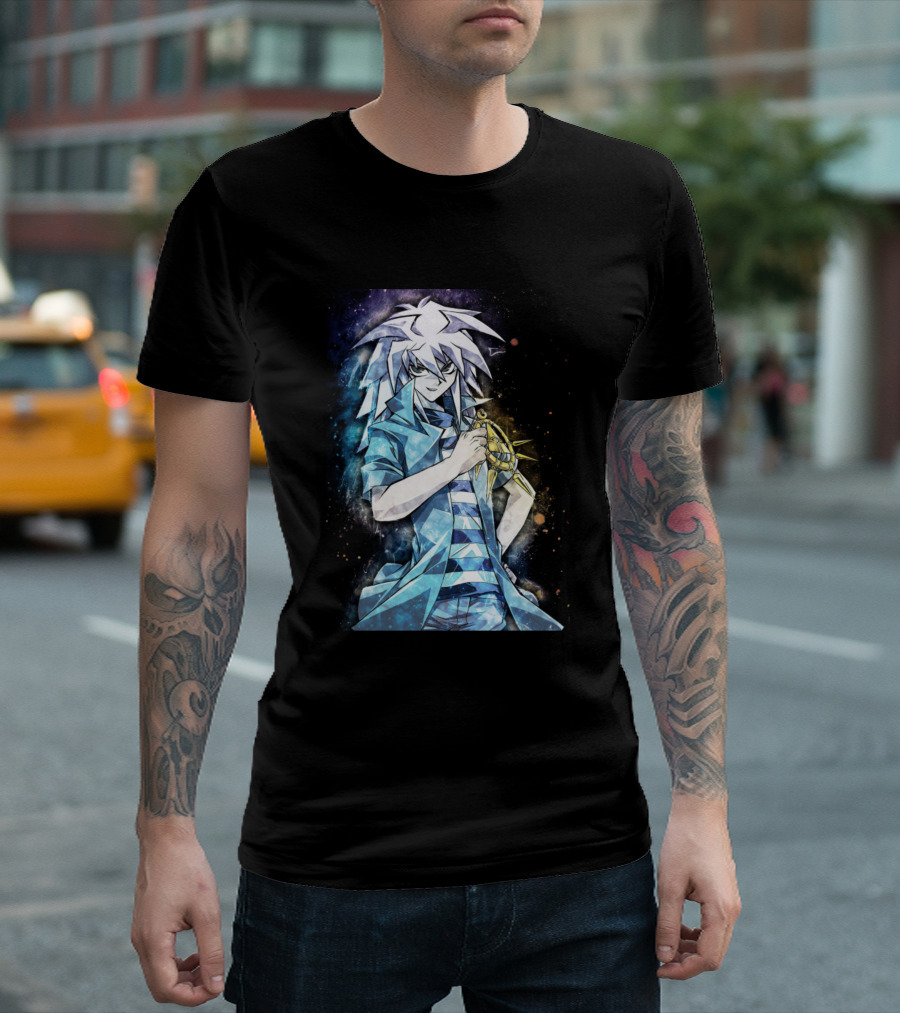 Bakura The Evil Villain Holding Millennium Ring Cosmic Background T-Shirt