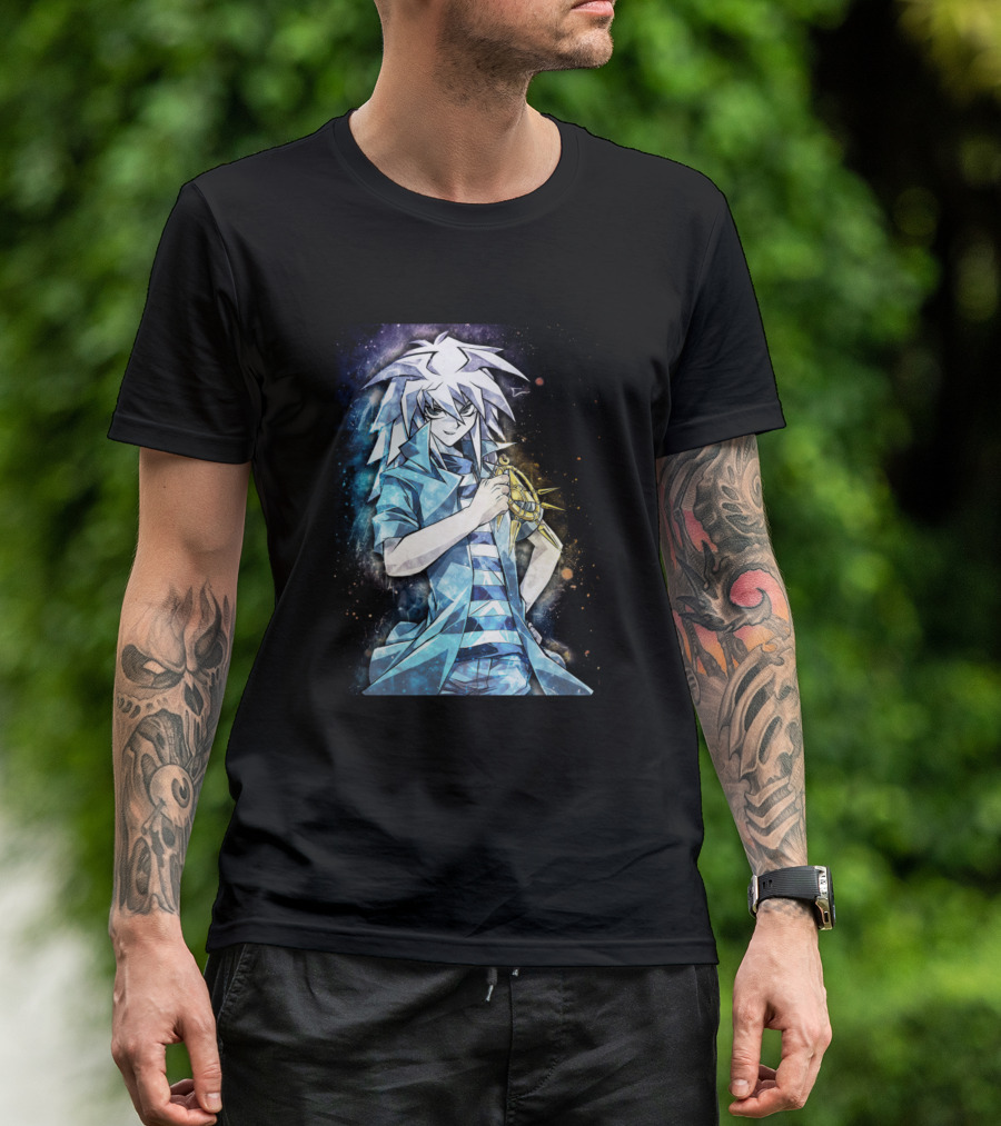 Bakura The Evil Villain Holding Millennium Ring Cosmic Background T-Shirt