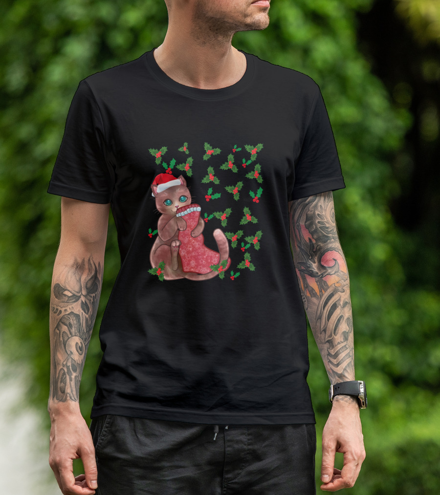 Cat Mistletoe Christmas Stocking Festive Holiday Kitty T-Shirt