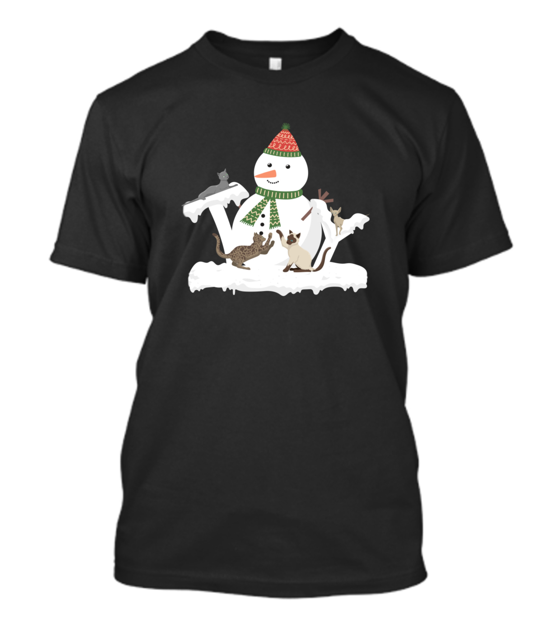 Cats And Snowman With Festive Hat And Scarf T-Shirt