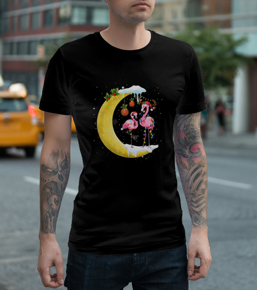Christmas Flamingo Santa Hat Moon Xmas Lights T-Shirt