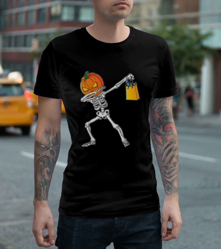 Dabbing Skeleton Pumpkin Shopping Halloween T-Shirt