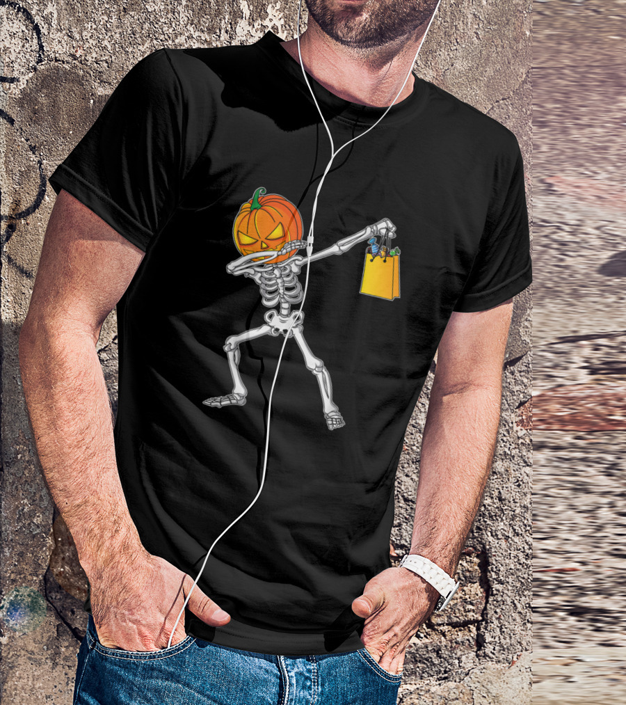 Dabbing Skeleton Pumpkin Shopping Halloween T-Shirt