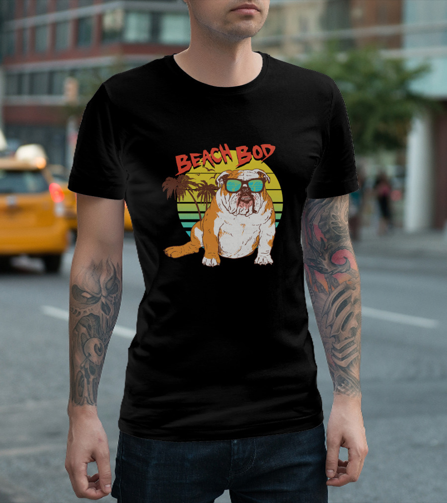 Beach Bod Dog Sunglasses Palm Trees Retro Sunset T-Shirt