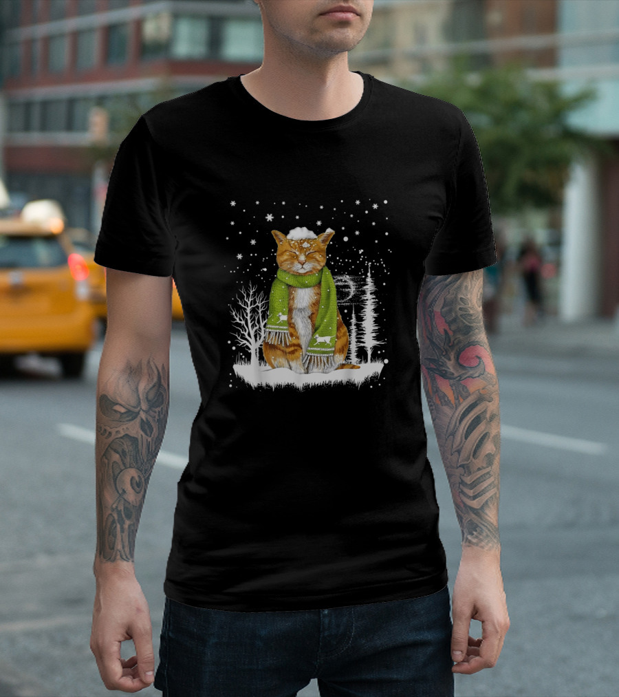 Merry Christmas Meowy Cat in Snowy Scarf with Xmas Trees and Stars T-Shirt