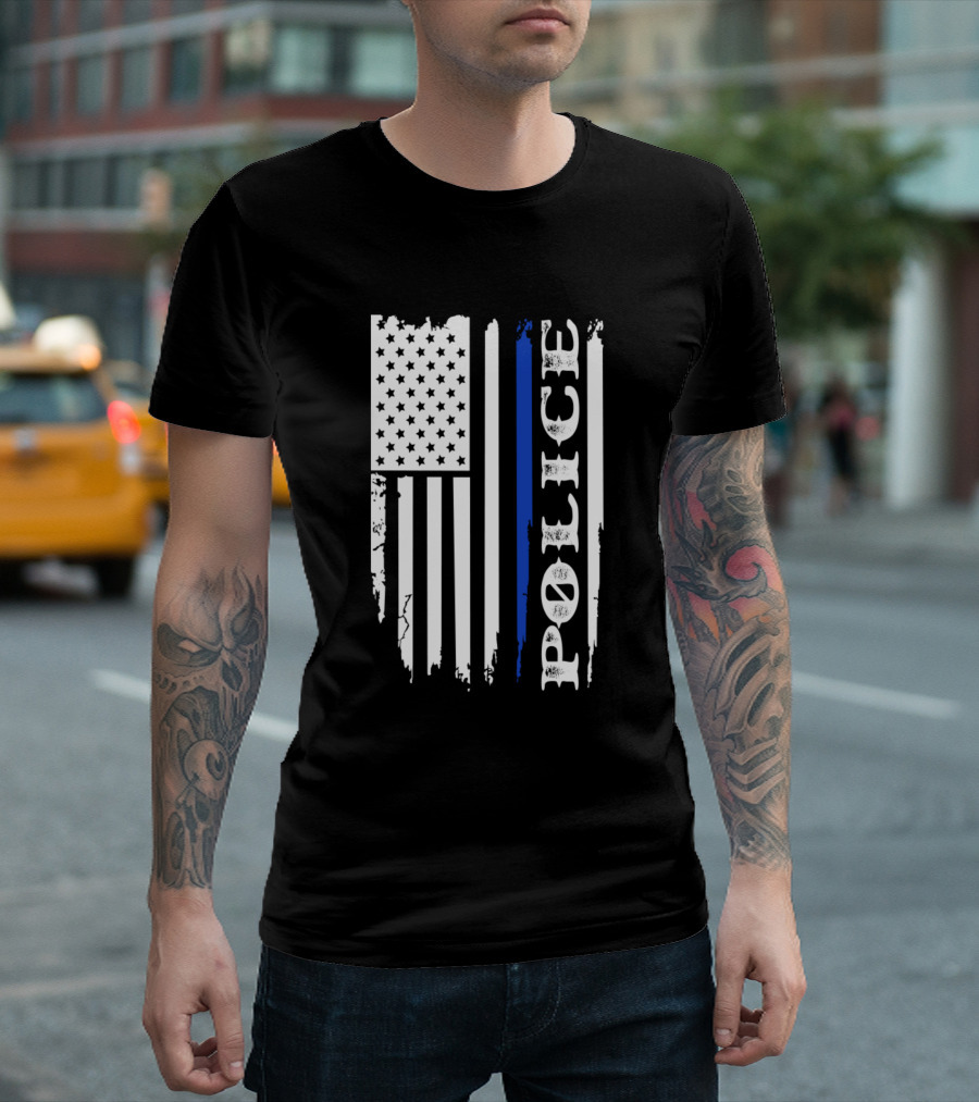 Police Flag With Thin Blue Line American Flag T-Shirt