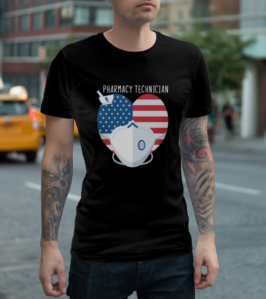 Pharmacy Technician American Flag Heart Mask T-Shirt