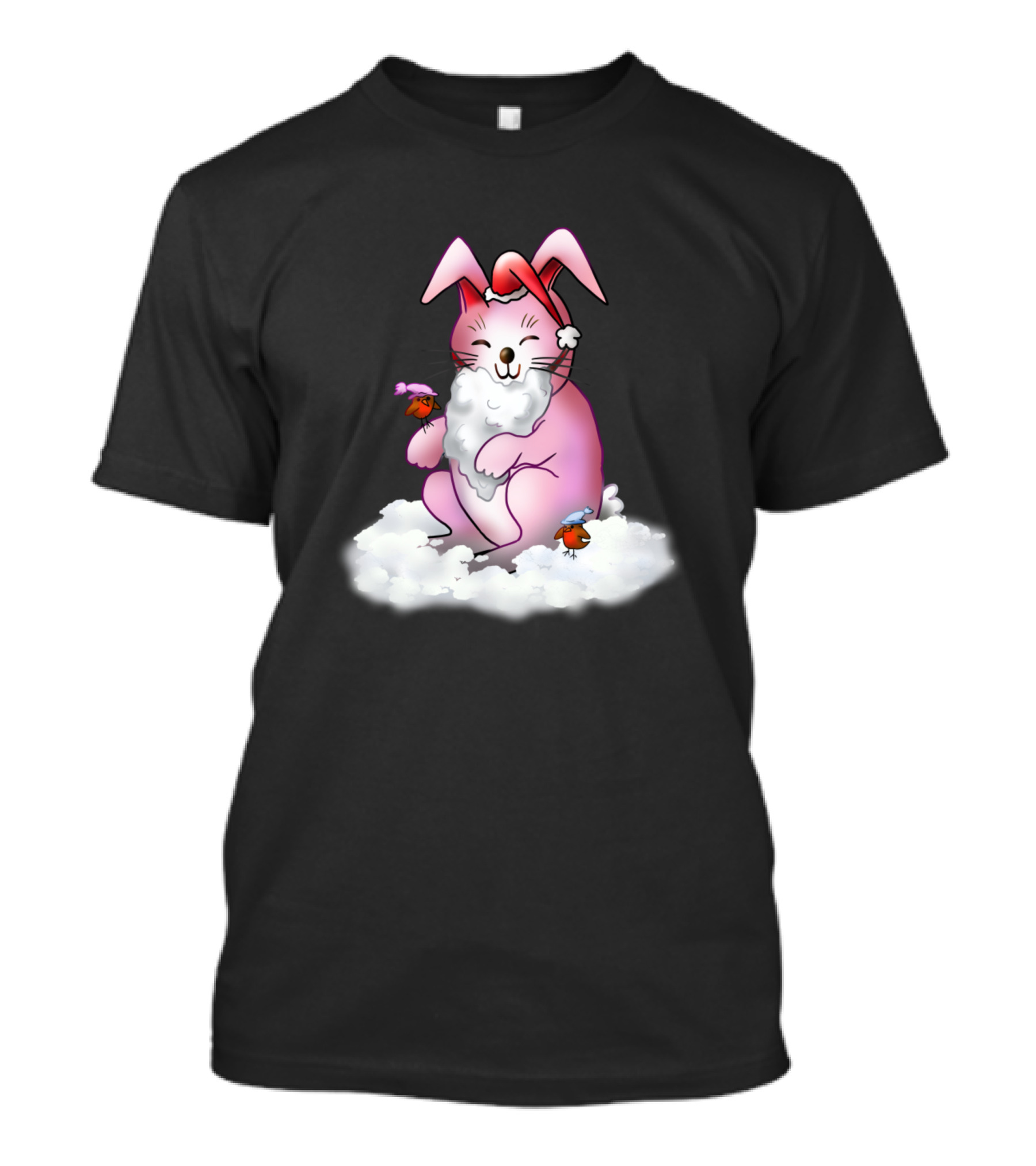 Pink Santa Bunny With Birds In Snow T-Shirt