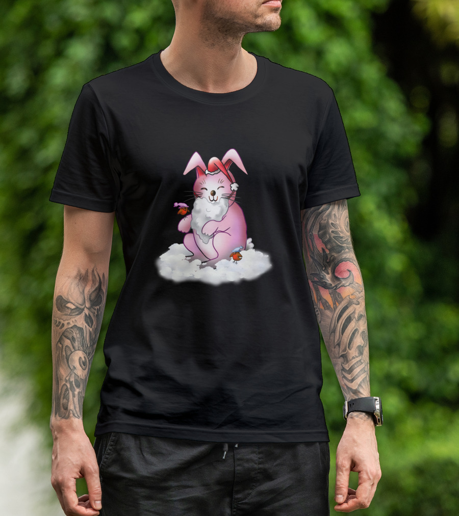 Pink Santa Bunny With Birds In Snow T-Shirt