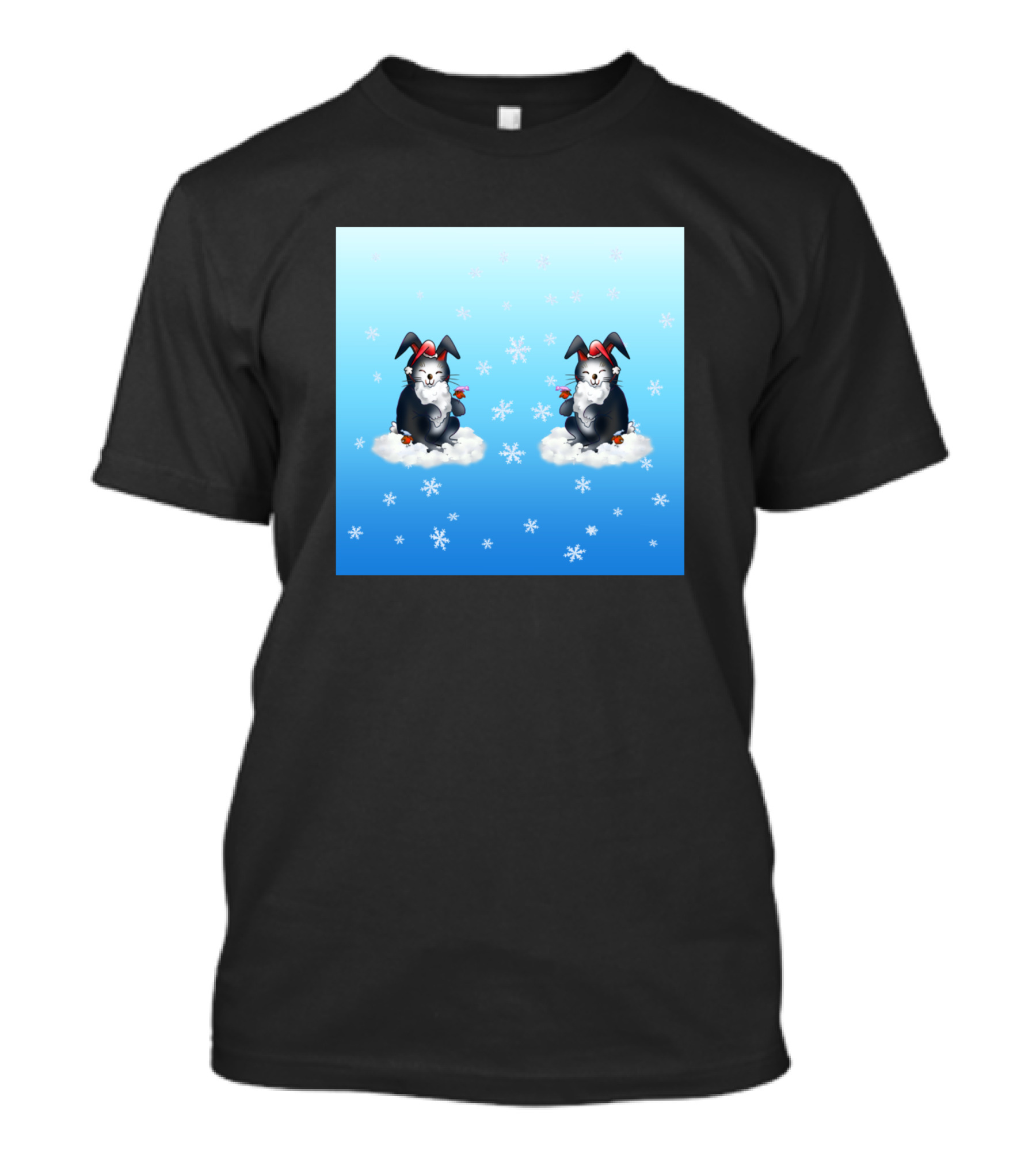 Adorable Santa Black Bunnies Clouds Snowflakes Cute Birds T-Shirt