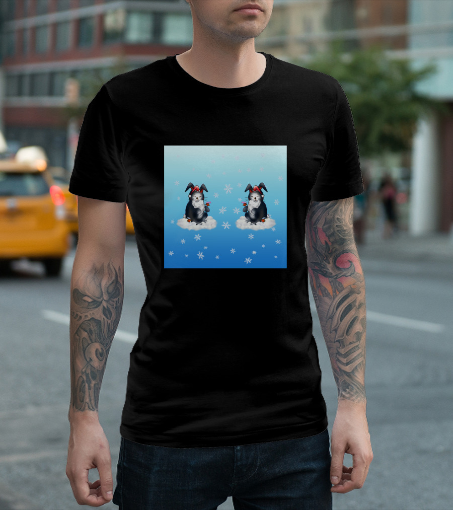 Adorable Santa Black Bunnies Clouds Snowflakes Cute Birds T-Shirt