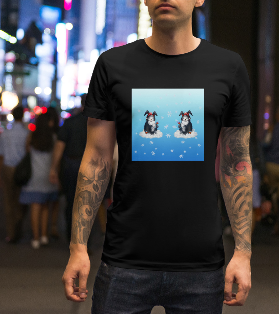 Adorable Santa Black Bunnies Clouds Snowflakes Cute Birds T-Shirt