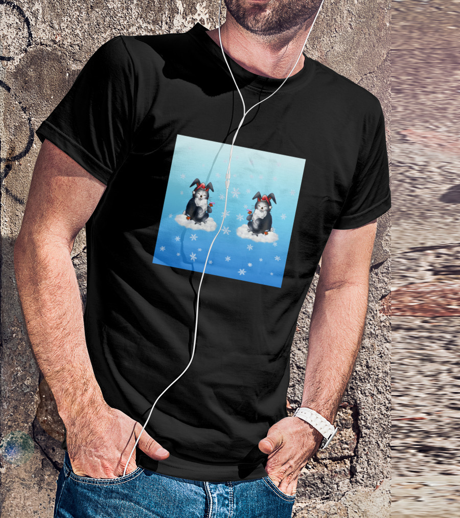 Adorable Santa Black Bunnies Clouds Snowflakes Cute Birds T-Shirt
