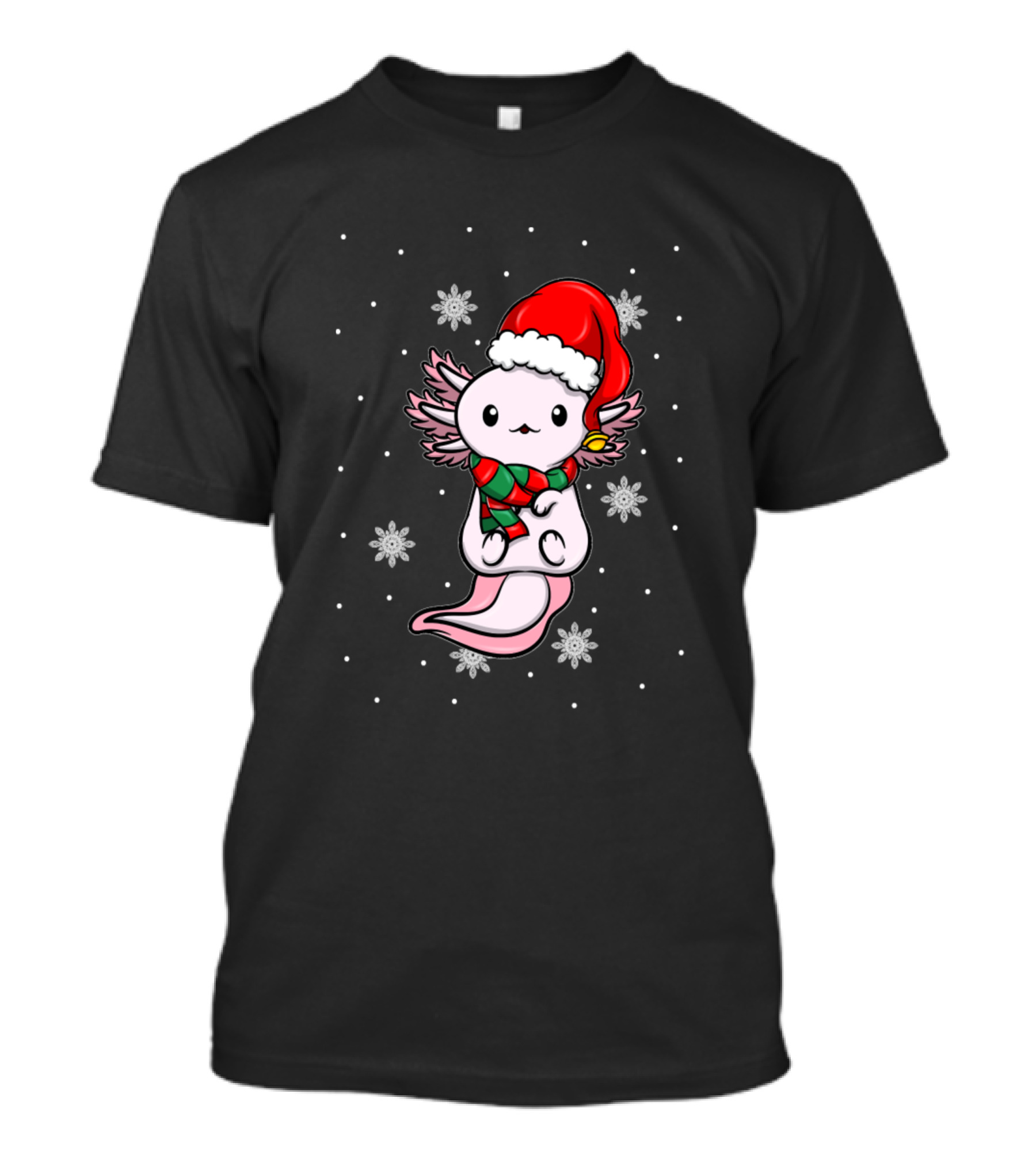 Cute Kawaii Axolotl In Christmas Santa Hat With Snowflakes T-Shirt