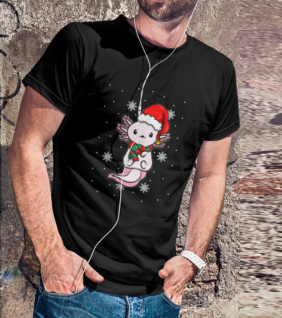 Cute Kawaii Axolotl In Christmas Santa Hat With Snowflakes T-Shirt