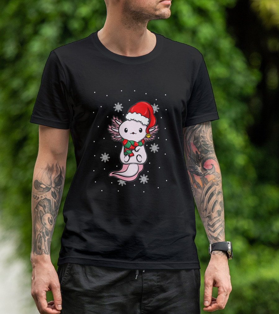 Cute Kawaii Axolotl In Christmas Santa Hat With Snowflakes T-Shirt