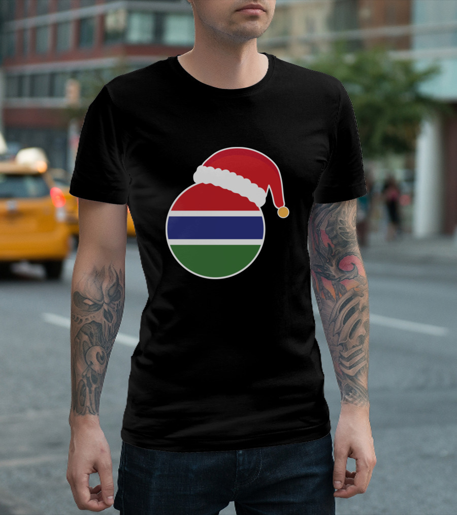 Santa Hat On The Gambia Flag-Themed Christmas T-Shirt