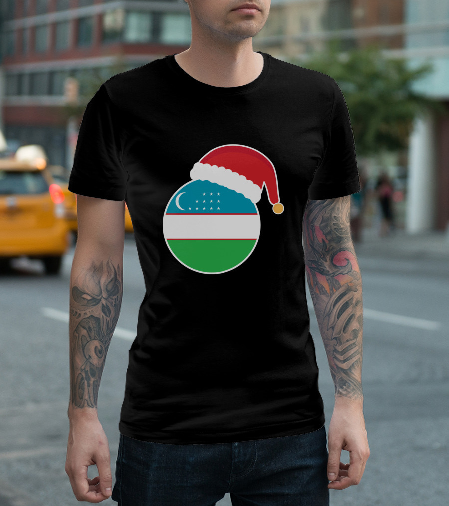 Uzbekistan Flag Circle With Santa Hat Christmas T-Shirt