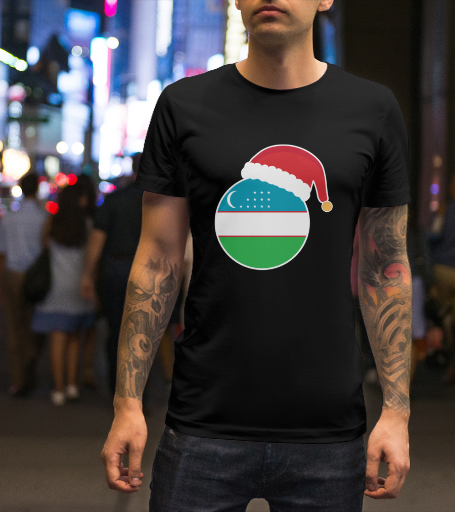 Uzbekistan Flag Circle With Santa Hat Christmas T-Shirt