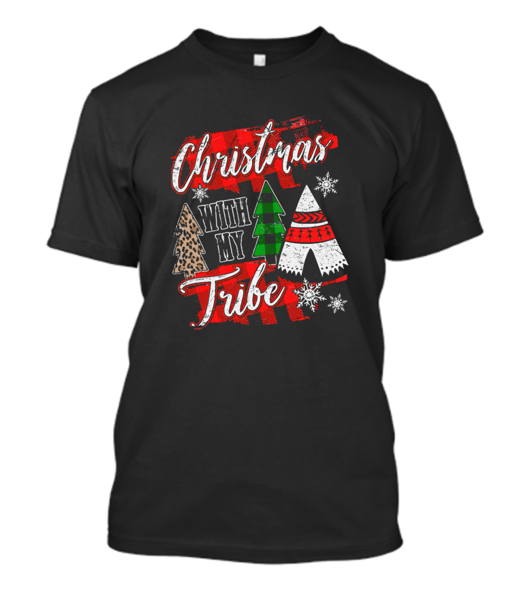 Christmas With My Tribe Buffalo Plaid Trees And Teepee Snowflakes T-Shirt