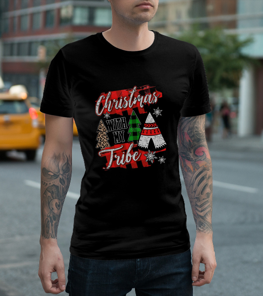 Christmas With My Tribe Buffalo Plaid Trees And Teepee Snowflakes T-Shirt