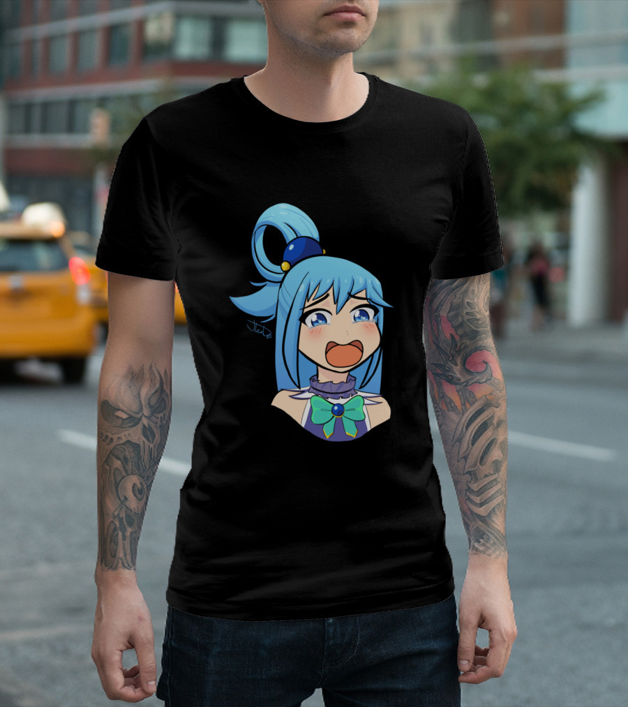 Crybaby Aqua Anime Character With Blue Hair and Blushing Face T-Shirt