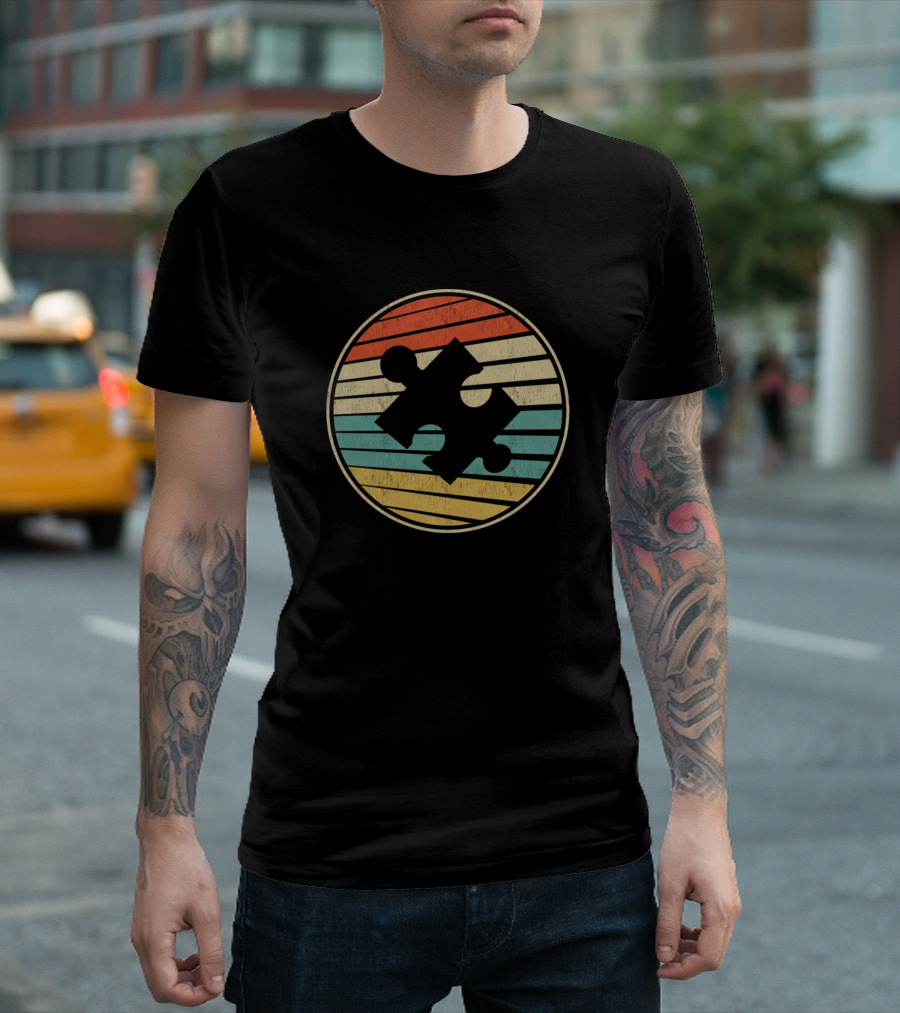 Cute Autism Awareness Vintage 70S 80S Puzzle Piece Retro Stripes T-Shirt