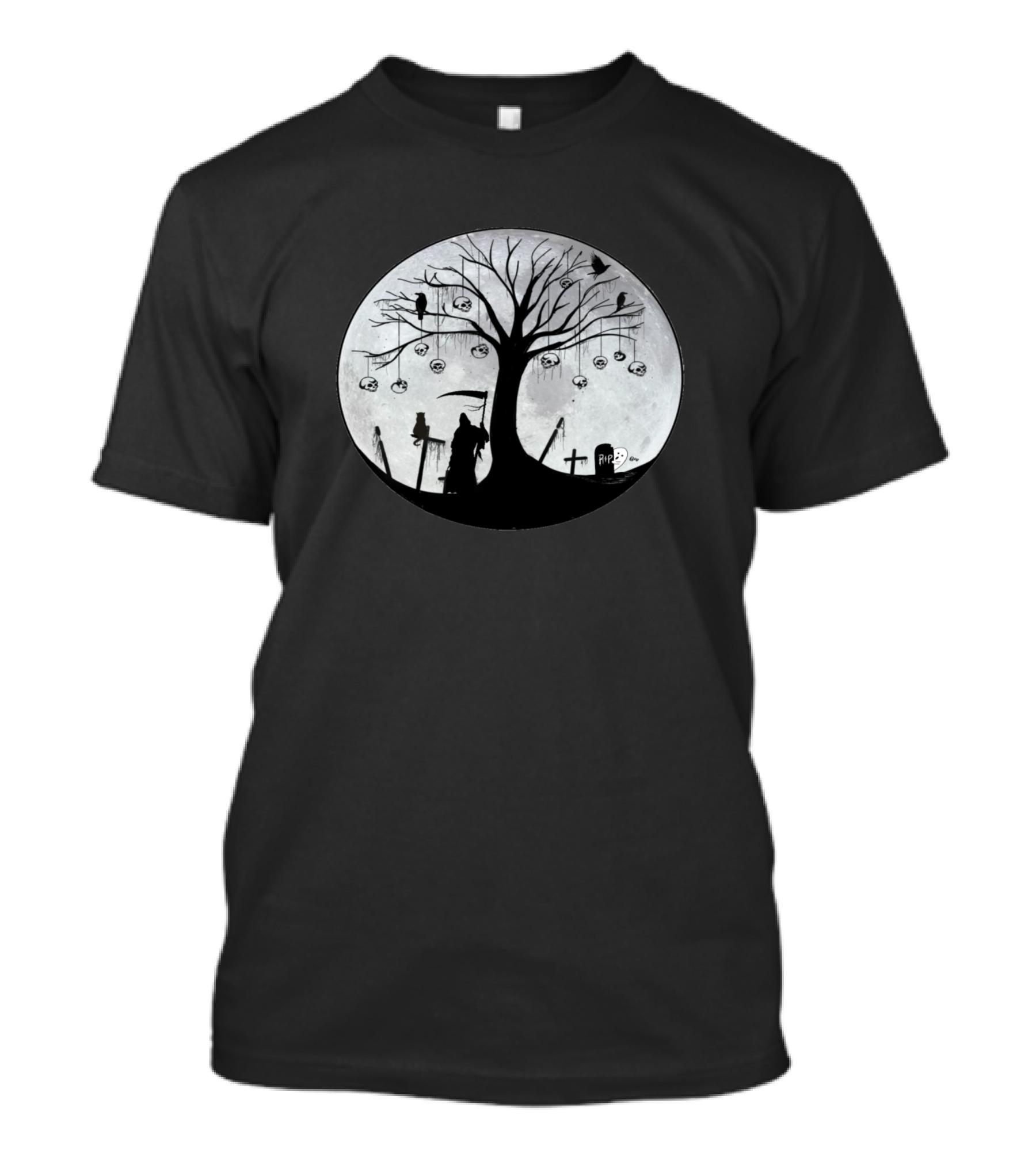 Full Moon Grim Reaper With Tree And Birds T-Shirt