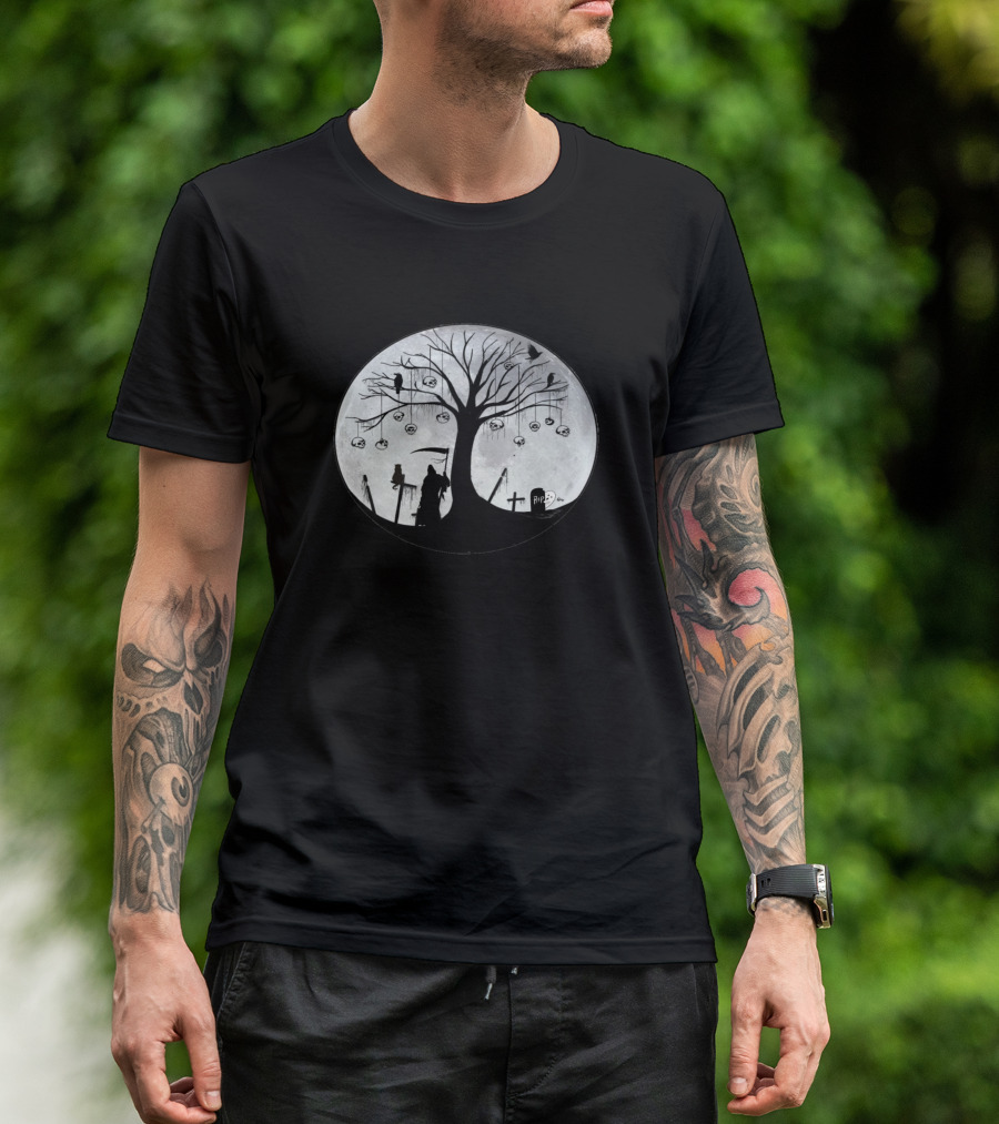 Full Moon Grim Reaper With Tree And Birds T-Shirt