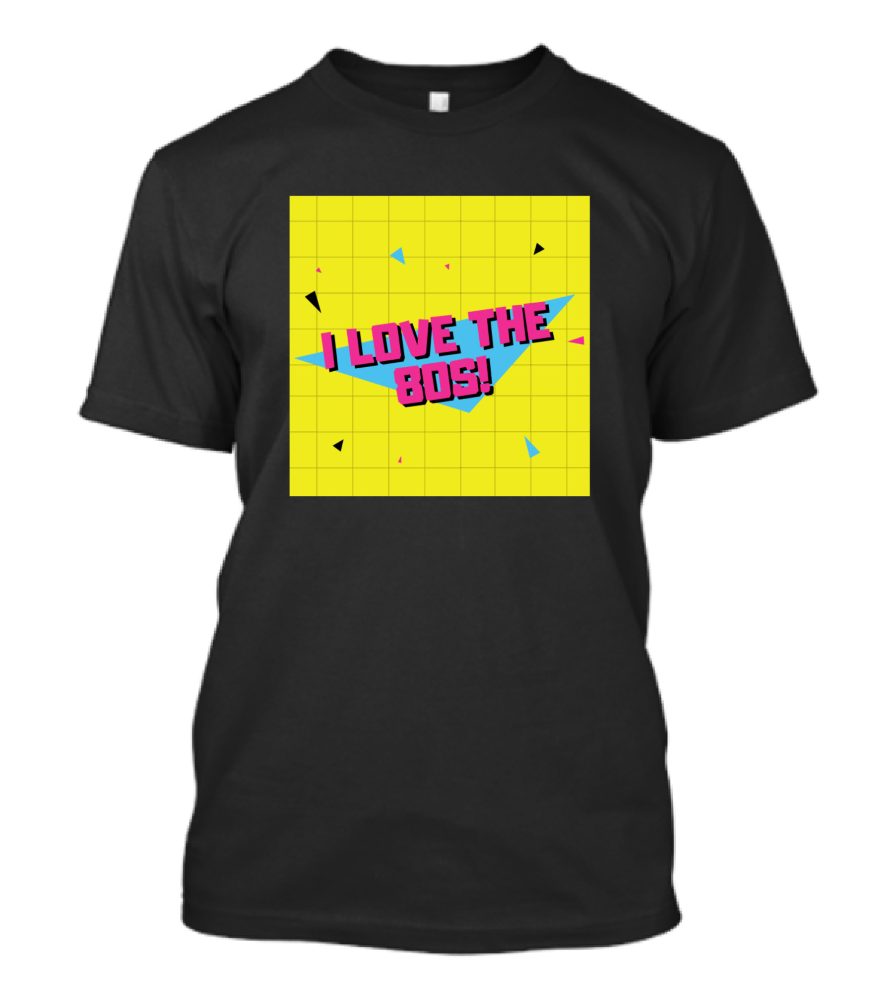 I Love The 80s Yellow Grid With Colorful Geometric Shapes T-Shirt